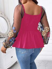 SHEIN Clasi Plus Size Color Block Floral Embroidery Mesh Twist Knot Shirt Fall Cloth For Women - Hot Pink - View 2