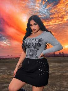 SHEIN SXY Plus Size Women's Distressed Eagle Printed Asymmetrical Long Sleeve Concert Outfits Music Festival Spring/Summer Vacation Cropped T-Shirt - Grey - View 4