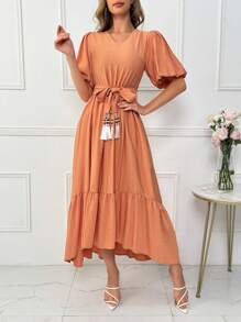 Mulvari Vestido De Mujeres Con Cuello En V, Mangas Cortas Abullonadas Y Cinturón Adornado Con Flecos - Naranja - Ver 3