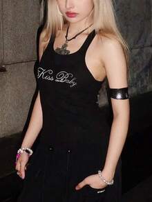 Women's Letter Printed Tank Top - Black - View 5