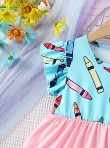 SHEIN Young Girl Flutter Sleeve Pencil Dress With Color Block And Print Summer Holiday - Multicolor - View 5