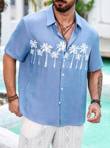 Manfinity RSRT Men's Plus Size Palm Tree Print Short Sleeve Shirt - Blue - View 1