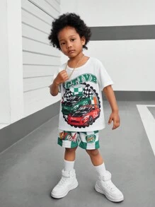 SHEIN Young Boy's Car & Checkerboard & Letter Print Top And Shorts Set Summer Holiday