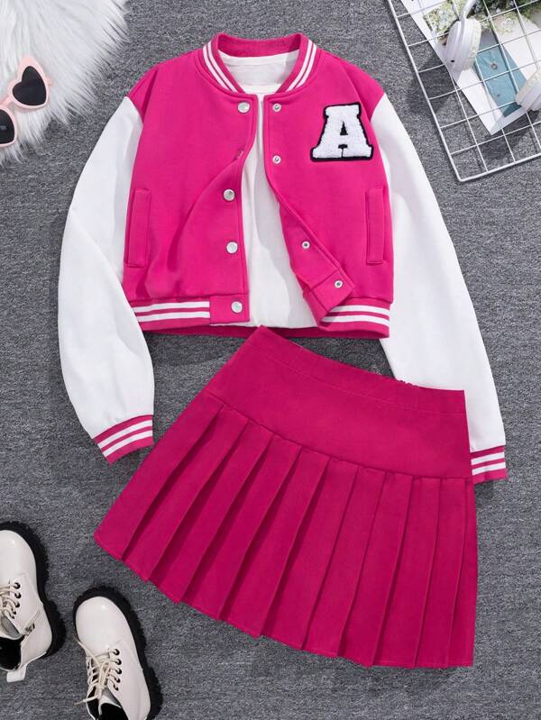 SHEIN Teen Girl Letter Patched Striped Trim Varsity Jacket & Pleated Skirt