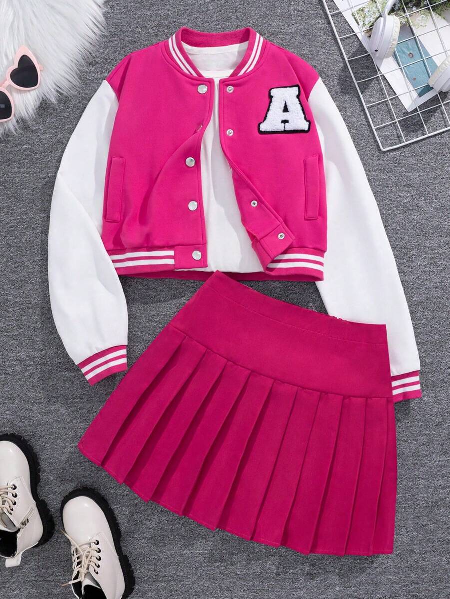 SHEIN 青少年女孩字母貼布條紋飾邊學院風夾克&百褶半身裙 - 彩色 - 查看 1