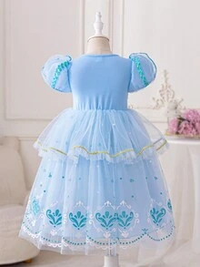 Vestido de princesa de tul con lentejuelas para niña joven para fiesta de cumpleaños, boda, festival y presentación - Azul - Ver 2