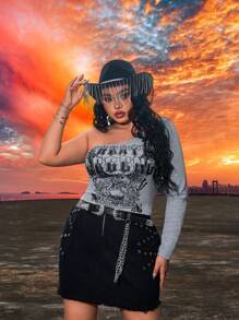 SHEIN SXY Plus Size Women's Distressed Eagle Printed Asymmetrical Long Sleeve Concert Outfits Music Festival Spring/Summer Vacation Cropped T-Shirt - Grey - View 6