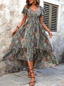 Breezaya Women's Paisley Printed Wrap Waist Shirred Ruffle Short Sleeve Dress - Multicolor - View 5