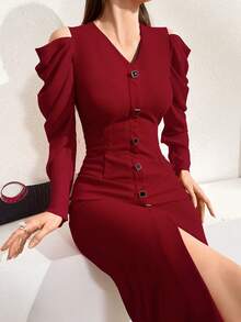 Modelyn Vestido sólido de mujer con botones delanteros para el Año Nuevo, atuendo de mujer maxi - Rojo - Ver 6