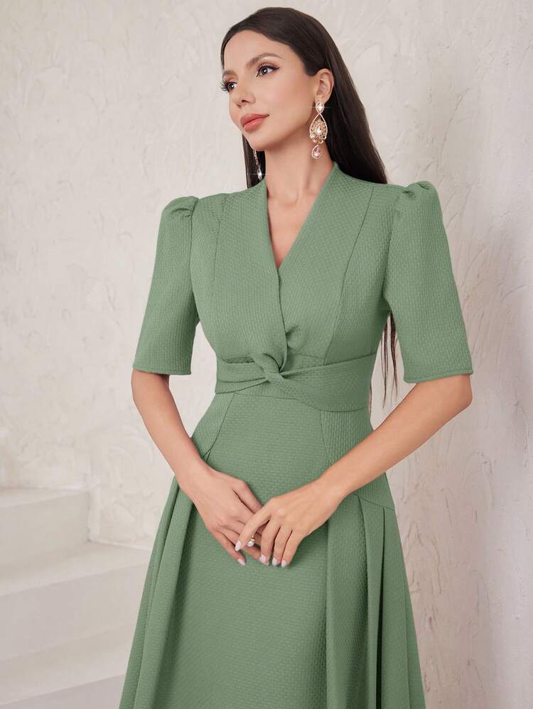 Women's Solid Color Bubble Sleeve Twist Knot Dress Long Evening Dresses
