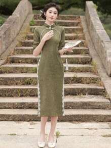 Contrast Lace Faux Pearl Beaded Waist Qipao Dress Chinese Dress