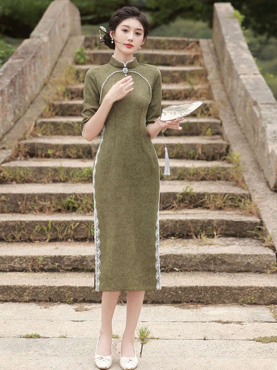 Contrast Lace Faux Pearl Beaded Waist Qipao Dress Chinese Dress