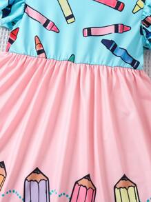 SHEIN Young Girl Flutter Sleeve Pencil Dress With Color Block And Print Summer Holiday - Multicolor - View 3