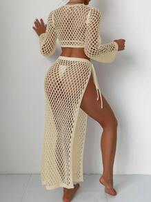 SHEIN Swim Women's Fashionable Solid Color Hollow Out Sexy Crochet Cover-Up Micro Crop Top And Skirt, For Vacation, Travel, Festival, Honeymoon, Pool Party,Summer Beach - Apricot - View 2
