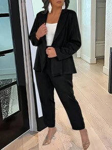 SHEIN Clasi Kích thước lớn Của phụ nữ Màu thuần Nút đơn Bộ đồ Bộ - màu đen - Xem 3