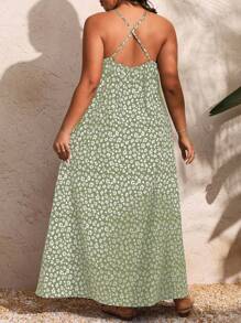 Breezaya Plus Size Women's Boho Daisy Print Spaghetti Strap Dress Maxi Dress For Summer - Green - View 2