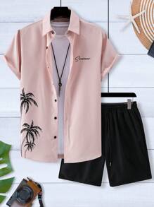 Manfinity RSRT Men's Coconut Tree & Letter Print Shirt And Shorts Set - Multicolor - View 5