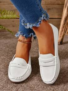 Teenagers' Round Toe Low Vamp Slip-On Flat Loafers - White - View 2