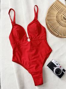 Swim SXY 1 件露背细肩带连体泳衣，适合海滩度假夏季 - 紅色 - 查看 3