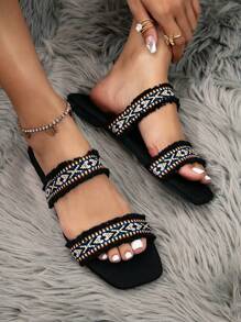 女款時尚平底涼鞋,夏日沙灘防滑可愛拖鞋,黑色條紋低跟涼鞋 - 黑色 - 查看 3