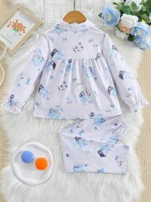 少女卡通印花長褲和長袖上衣休閒兩件套家居服裝 - 淺藍色 - 查看 2