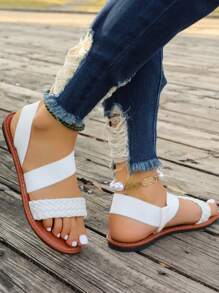 Sandales plates avec design tressé simple, style romain confortable adapté pour le port quotidien en été - Blanc - Voir 2
