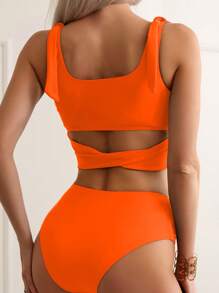 SHEIN Swim Summer Beach Solid Knot Shoulder Cut Out Back Tankini Set Bathing Suit - Orange - View 2
