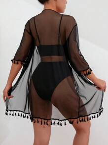 SHEIN Swim Solid Color See-Through Fringe Splice Bikini Set, Tassel Bikini Set Swimwear With Kimono Bathing Suit Beach Outfit Summer Vacation Summer Beach - Black - View 2