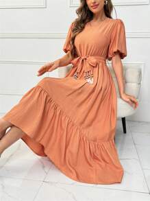 Mulvari Vestido De Mujeres Con Cuello En V, Mangas Cortas Abullonadas Y Cinturón Adornado Con Flecos - Naranja - Ver 1