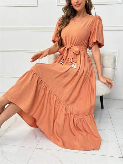 Seusyu Vestido De Mujeres Con Cuello En V, Mangas Cortas Abullonadas Y Cinturón Adornado Con Flecos