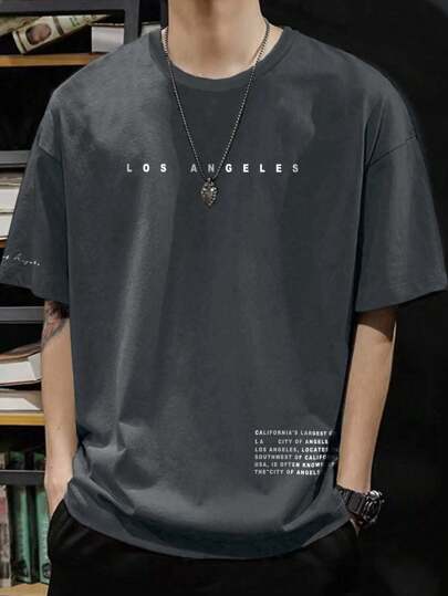 Manfinity Homme 男士字母印花落肩 T 恤、洛杉矶 T 恤、男士 T 恤、衬衫和长靴搭配交叉套装、男士标语图案落肩 T 恤、Manfinity Hupemode 男士夏季休闲彩色块字母印花短袖 T 恤，适合外出送朋友、男士休闲通勤 T 恤带图案印花