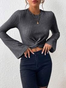 SHEIN Frenchy Twist Front Trumpet Sleeve Crop Tee - Black - View 5