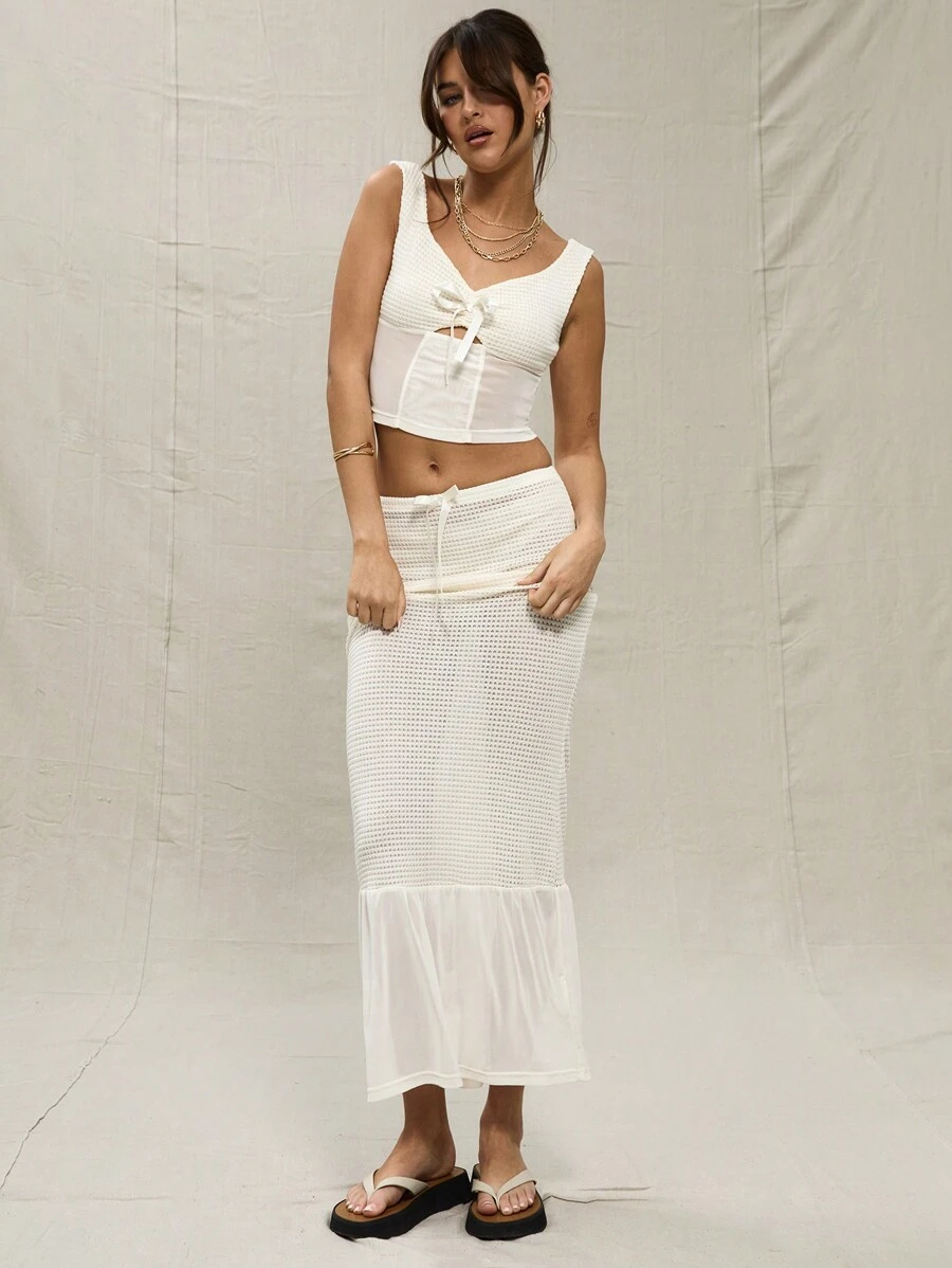MUSERA Cream Textured Ribbon Detail Maxi Skirt Elegant Summer Sexy Party - White - View 1