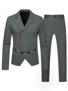 Manfinity Mode Traje sencillo para hombre con diseño de botones, mangas largas y pantalones estilo de negocios - Gris Oscuro - Ver 1
