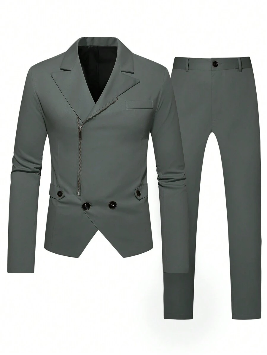 Manfinity Mode Traje sencillo para hombre con diseño de botones, mangas largas y pantalones estilo de negocios - Gris Oscuro - Ver 1