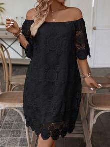 SHEIN Clasi Plus Size Solid Color Lace Off Shoulder Dress For Summer - Black - View 4