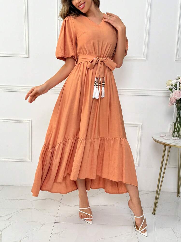 Women's V-Neck Puff Short Sleeve Fringed Belted Dress