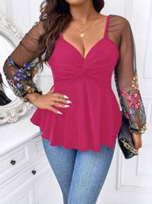 SHEIN Clasi Plus Size Color Block Floral Embroidery Mesh Twist Knot Shirt Fall Cloth For Women - Hot Pink - View 4