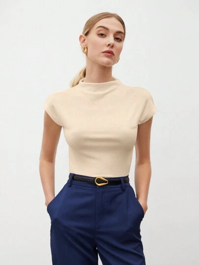 BizChic Camiseta de mujer de unicolor con cuello alto y mangas cortas tipo murciélago, casual de negocios para mujeres, uniforme de maestro, ropa de oficina, escuela, top básico, estilo vintage