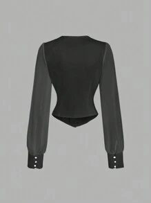 Sweetra Camisa De Mujer De Manga De Farol unicolor Y Cintura Ajustada