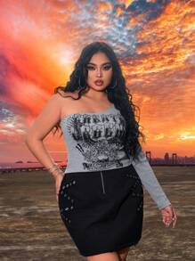 SHEIN SXY Plus Size Women's Distressed Eagle Printed Asymmetrical Long Sleeve Concert Outfits Music Festival Spring/Summer Vacation Cropped T-Shirt - Grey - View 9