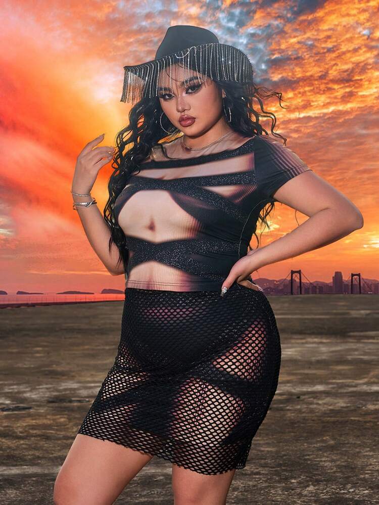 Plus Size Concert Outfits Music Festival Spring/Summer Vacation Easy To Match 2pcs/Set Human Body Printed Sexy Skirt Set