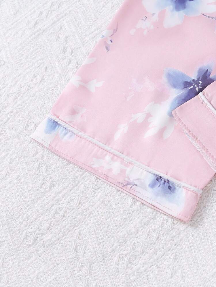 Teen Girls' Pink Simple Floral Printed Short Sleeves & Long Pants Casual Two Pieces Homewear Set