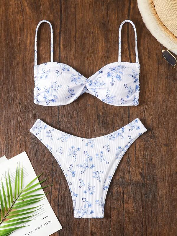 Swim Mod Women's Floral Print Chest Knot Bikini Set, Two Pieces Bikini Set Bathing Suit Beach Outfit CLEAN FIT Summer Vacation,Summer Beach