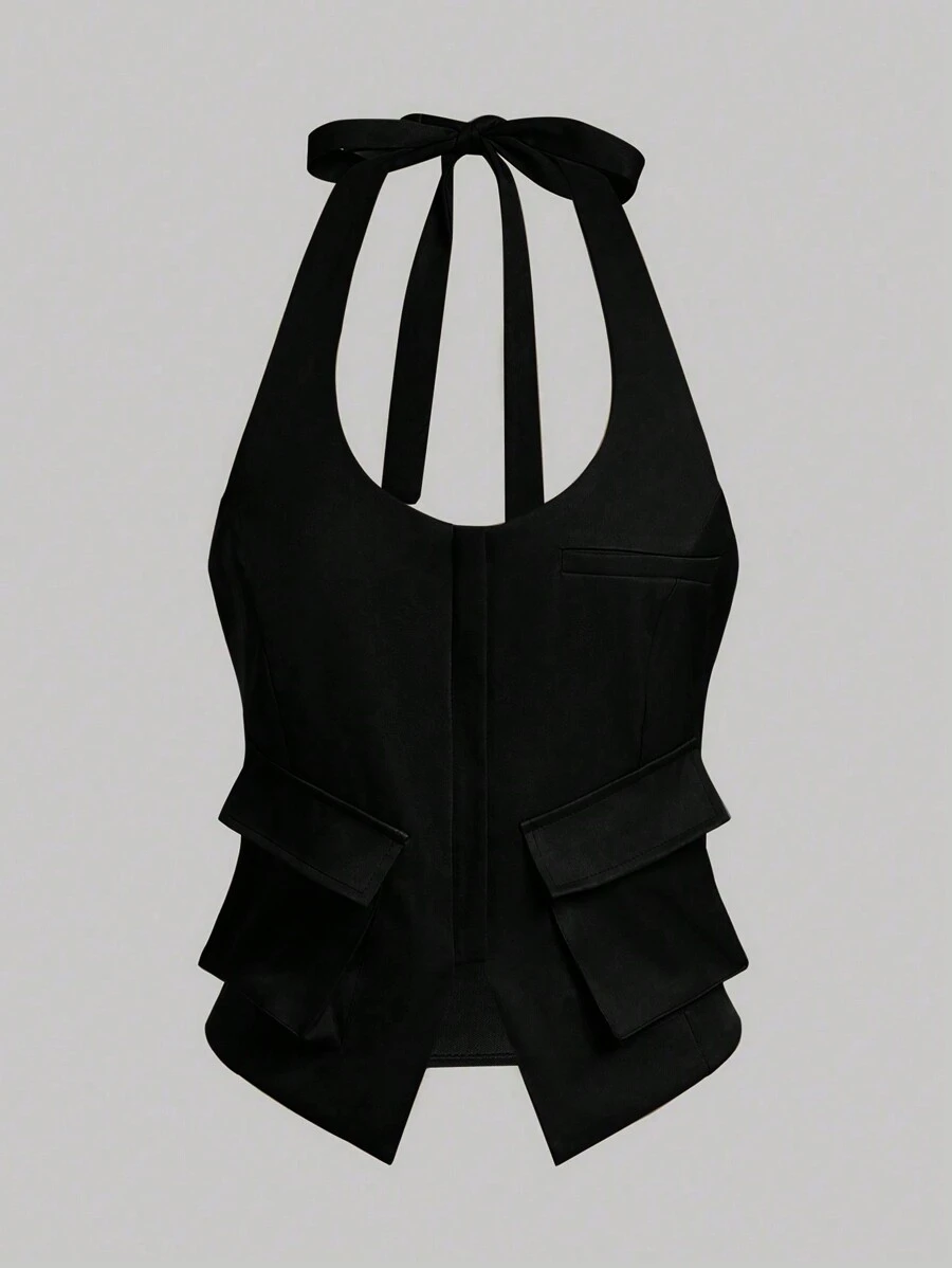 Women's Solid Color Pocket Detail Halter Backless Tank Top - Black - View 1