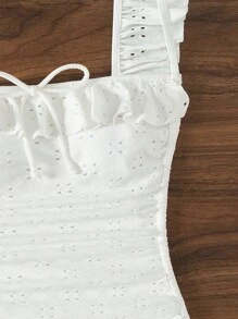 SHEIN Swim Women's Plain Eyelet Embroidery One-Piece Swimsuit With Side Hollow And Small Flounce Sleeves, For Summer, Beach, Vacation, Travel, Festival, Swimming Pool, Surfing - White - View 6