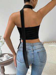 Zolique Của phụ nữ Xù Hoa Sen Hoa Áo ba lỗ Với Dây đai - màu đen - Xem 3