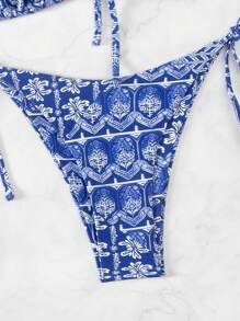 SHEIN Swim 复古印花分体比基尼套装，细带比基尼套装泳装泳衣沙滩装干净合身夏季度假夏日海滩 - 彩色 - 查看 5