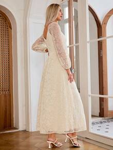 Simplee Women's Long Sleeve Mesh Cocktail Formal Dress - Apricot - View 2