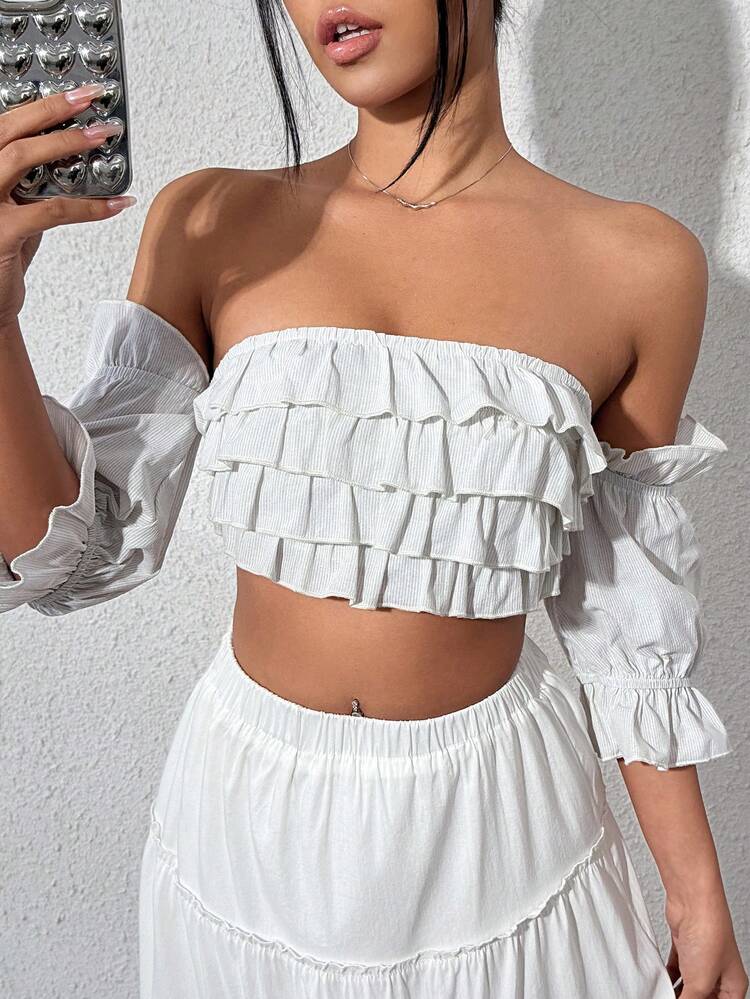 Women's Off-Shoulder Solid Color Lace Trimmed Top